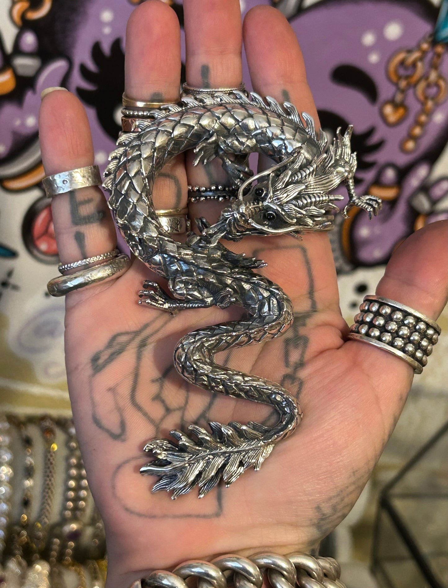 Sterling Silver Designer SOMS Huge Statement Dragon Pendant w/ Onyx Eyes