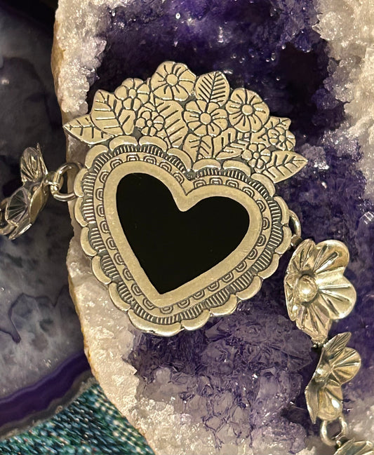 Sterling Silver Made In Taxco Flower & Heart Link Bracelet
