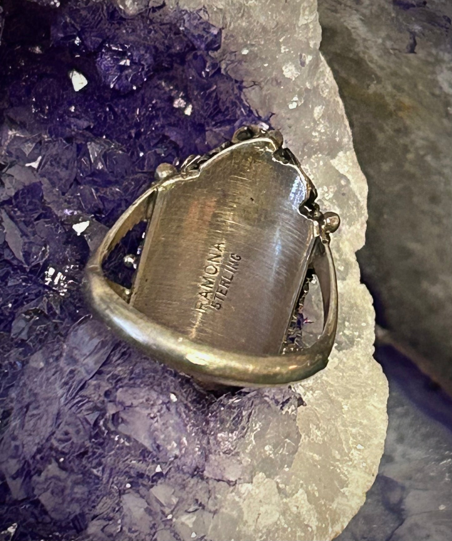 Vintage Sterling Silver Navajo RAMONA Purple Stone & Flowers Signed Ring Sz 8
