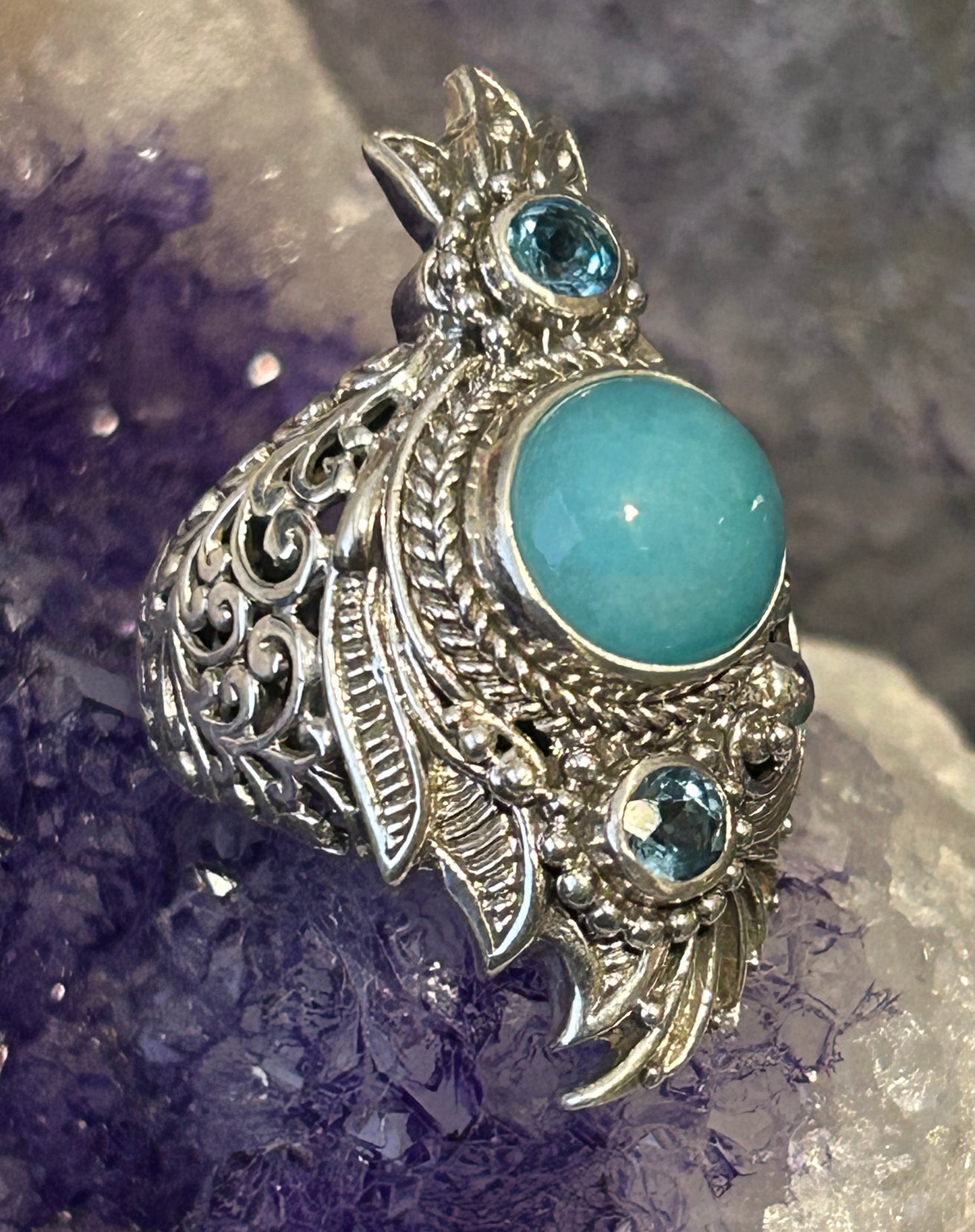 Sterling Silver SARDA Larimar & Blue Topaz Ornamental Statement Ring Size 7