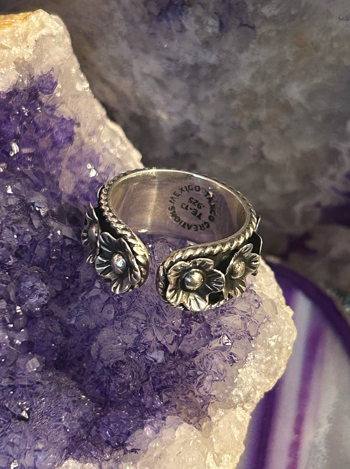 Sterling Silver Taxco Mexico Flower & Rope Band Ring Size 7-9