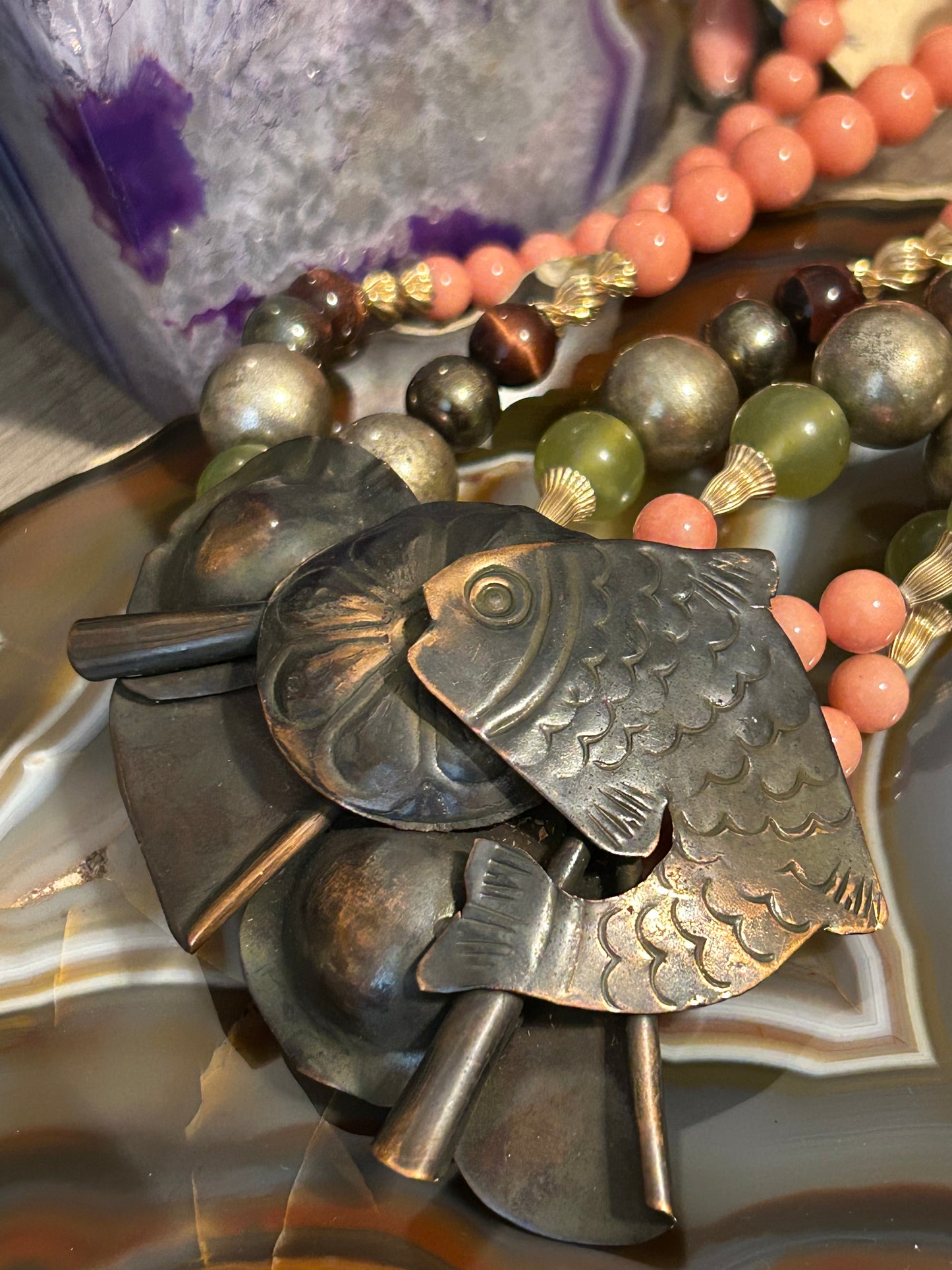 Vintage Rosemary G Ro-Do Multi-layer Beaded Necklace With Fish, Pink, Green Etc