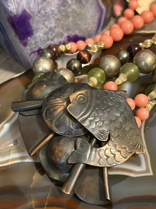 Vintage Rosemary G Ro-Do Multi-layer Beaded Necklace With Fish, Pink, Green Etc