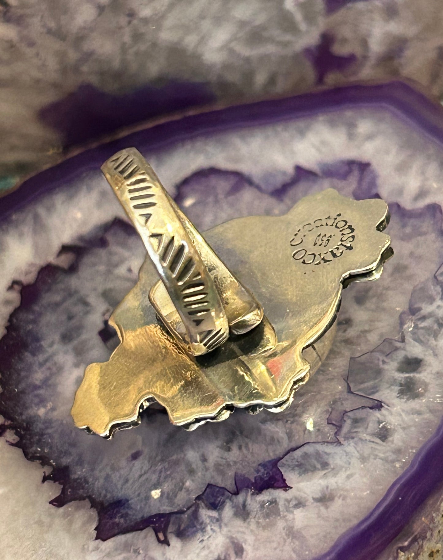 Sterling Silver Modern Taxco Mexico Purple Zircon Heart & Flowers Adjustable Ring