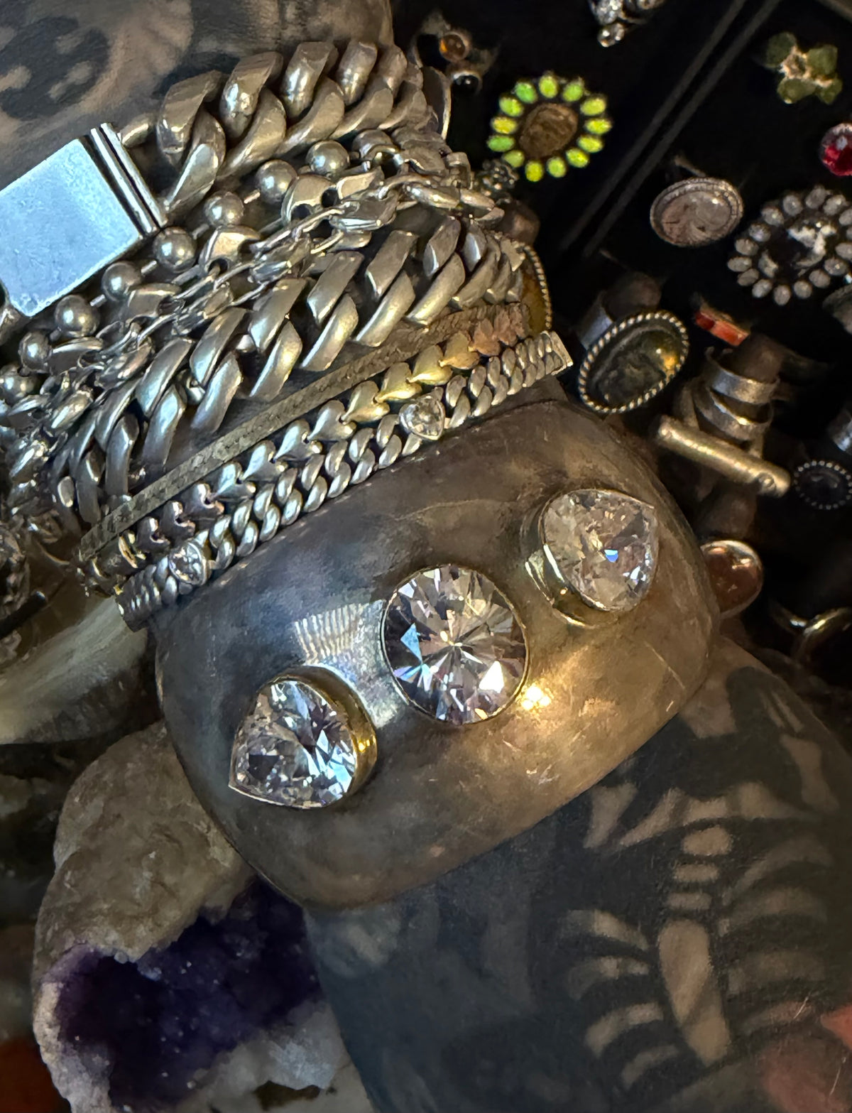 Vintage Sterling Silver Wide Modernist Cuff Bracelet W/ Clear CZ Stones