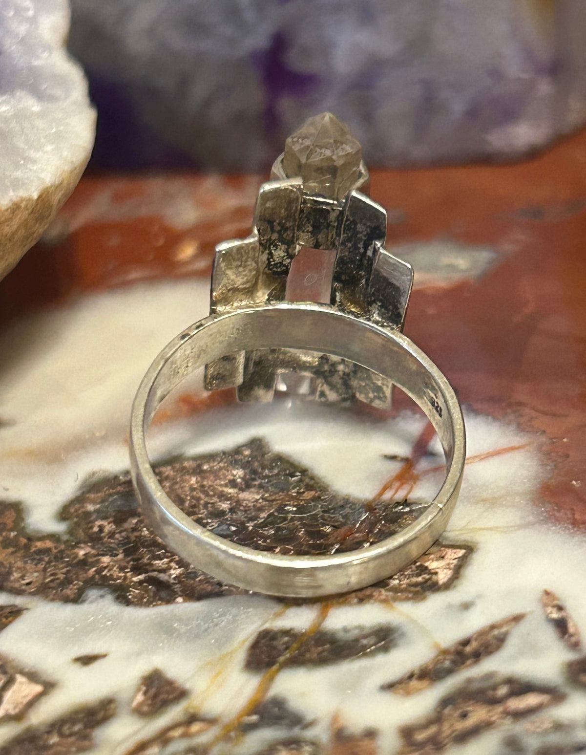 Vintage Estate Sterling Silver Crystal Point & Red Stone Ring Size 9