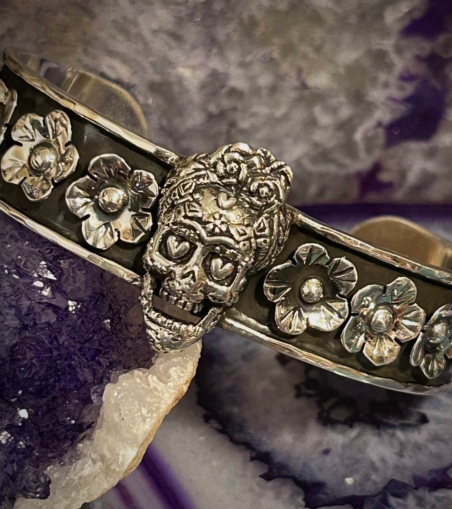 950 Silver Taxco Mexico Day Of The Dead Sugar Skull & Flowers Cuff Bracelet