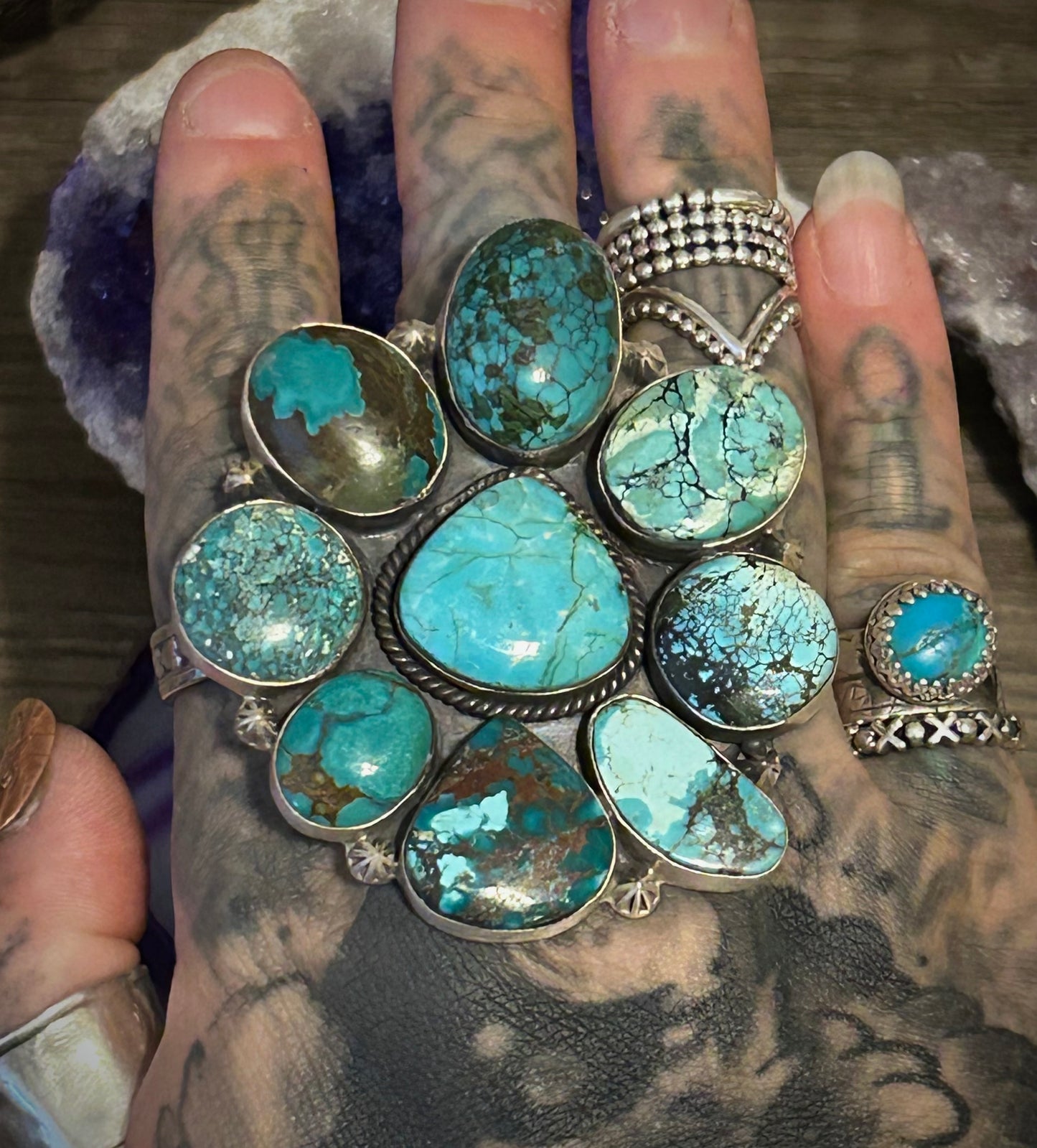 Sterling Silver & Natural Hubei Turquoise Large Statement Ring Adjustable