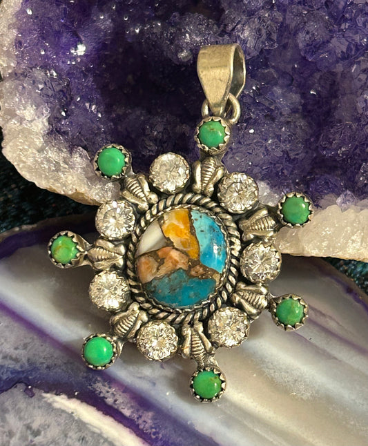 Sterling Silver Multi-Stone Pendant With Spiny Oyster Turquoise & CZ stones