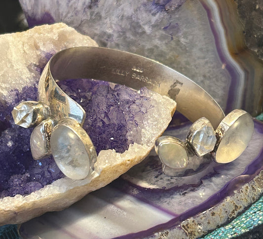 Lilly Barrack Sterling Silver gemstone bypass cuff bracelet w/ MOP & Quartz