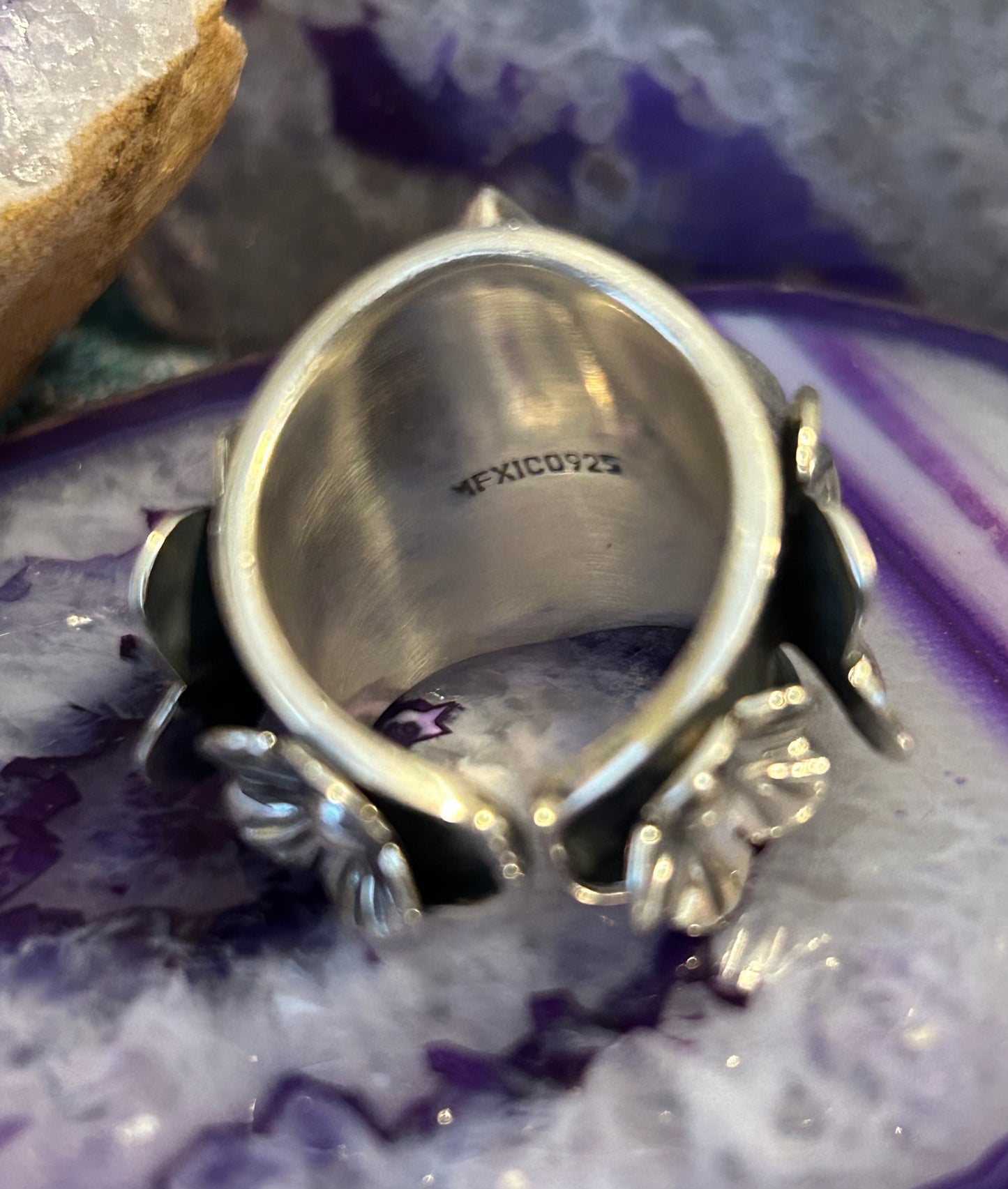 Taxco Mexico Sterling Silver Mother Of Pearl Heart & Flowers Ring Size 7-9