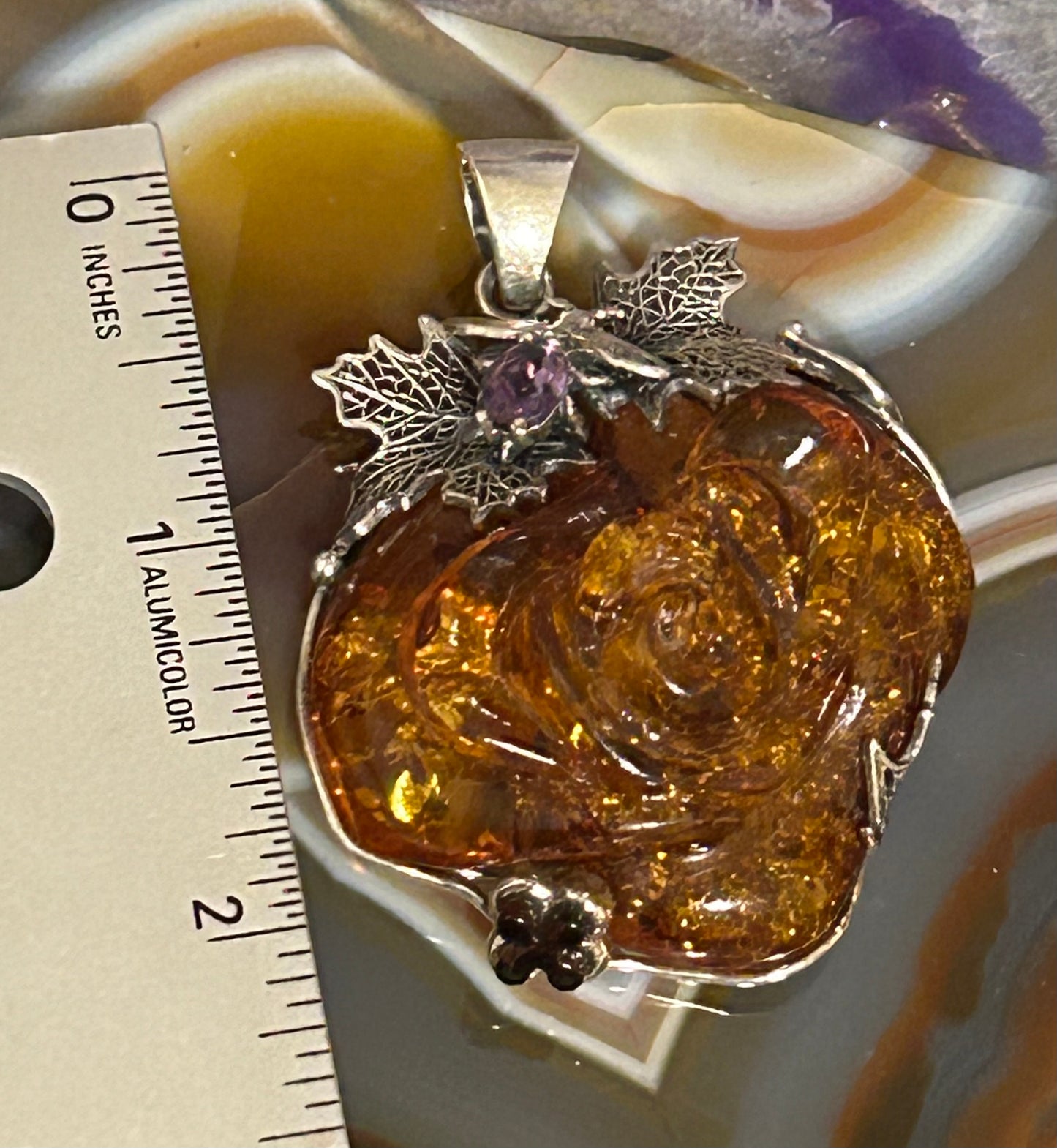 Sterling Silver & Baltic Amber Statement Large Handmade Rose Pendant