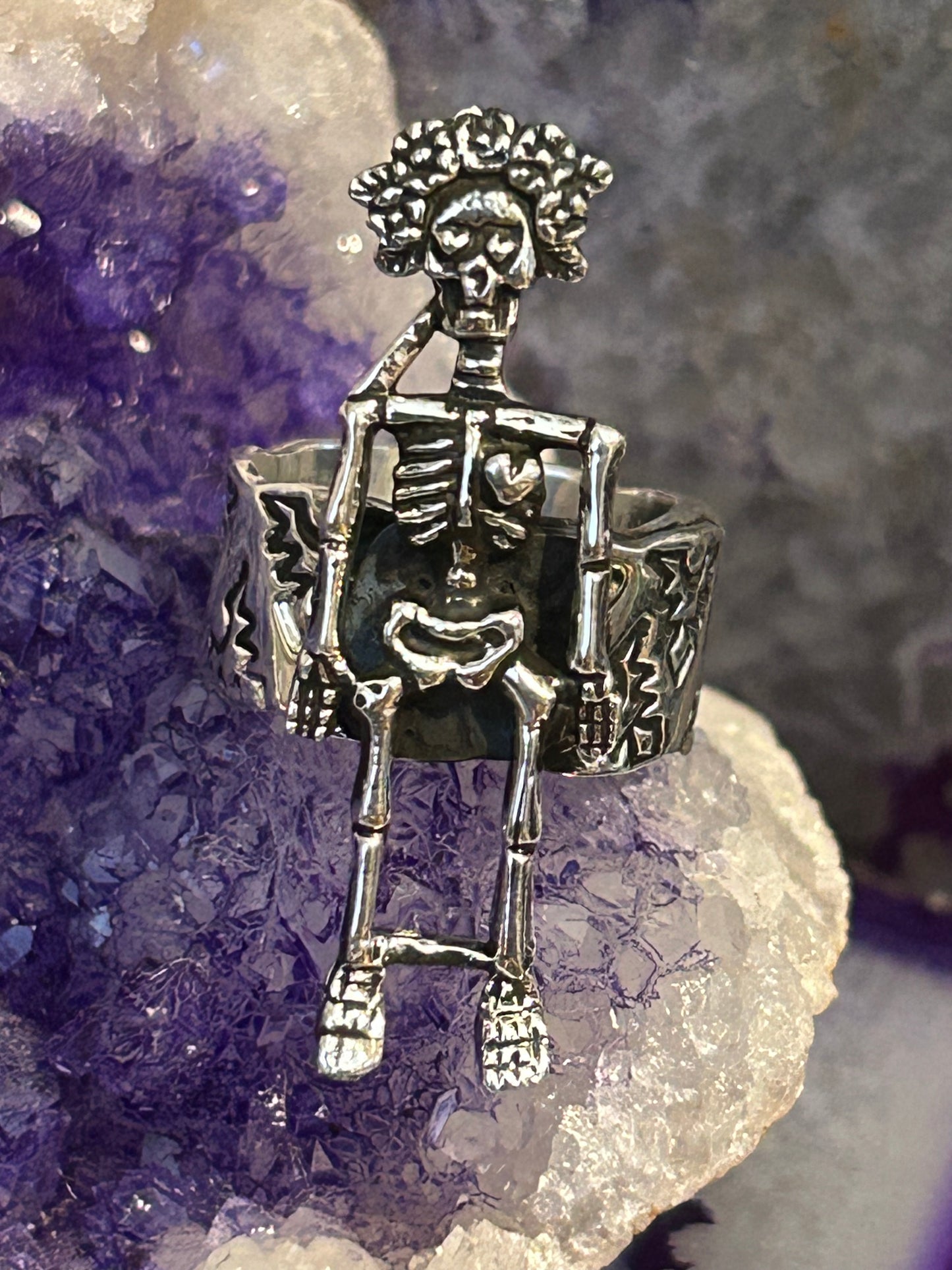 Sterling Silver Modern Taxco Mexico Catrina Skeleton Sugar Skull Ring Adjustable