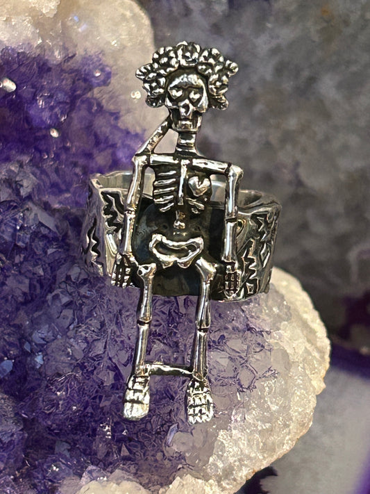 Sterling Silver Modern Taxco Mexico Catrina Skeleton Sugar Skull Ring Adjustable