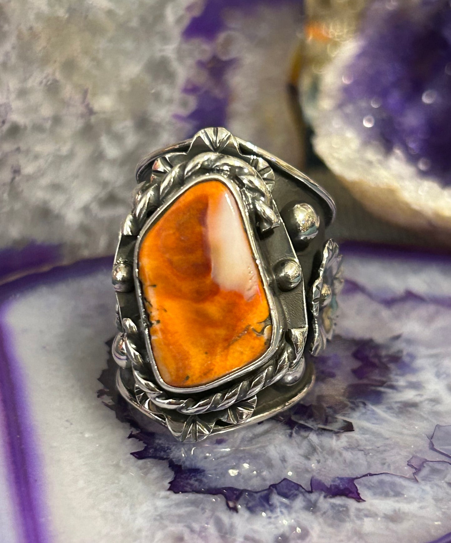 Sterling Silver Taxco Mexico Statement Spiny Oyster & Flower Wide Ring Sz 9-10.5