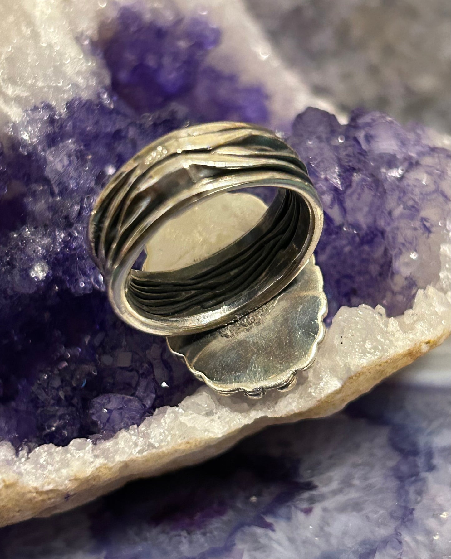 Sterling Silver Taxco Mexico Oval Turquoise Wide Wavy Band Ring Size 8