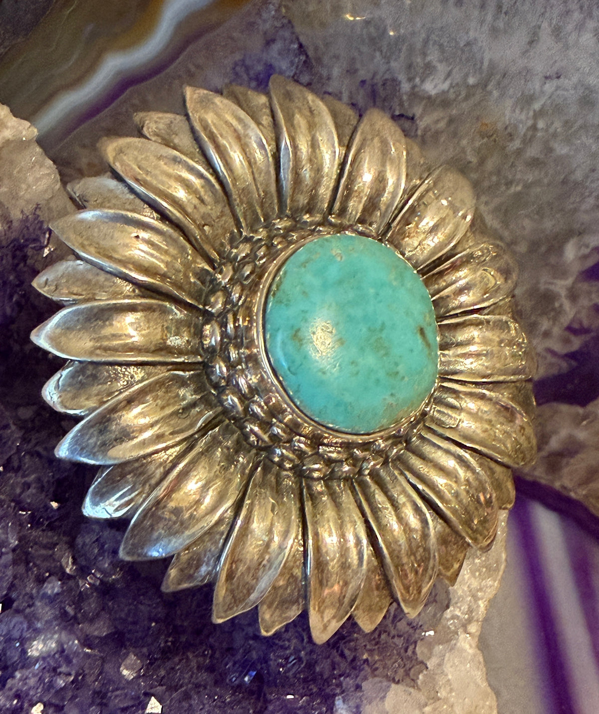 Designer SOM’S Sterling Silver Large Sunflower & Turquoise Statement Ring