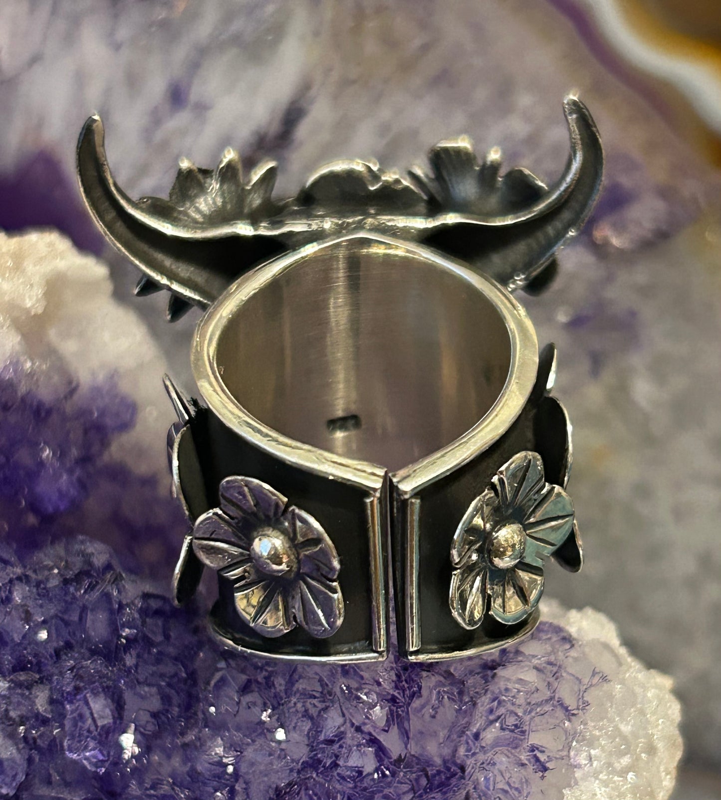 Sterling Silver Taxco Mexico Large Bull Skull W/ Flowers Statement Ring Sz 7-8.5