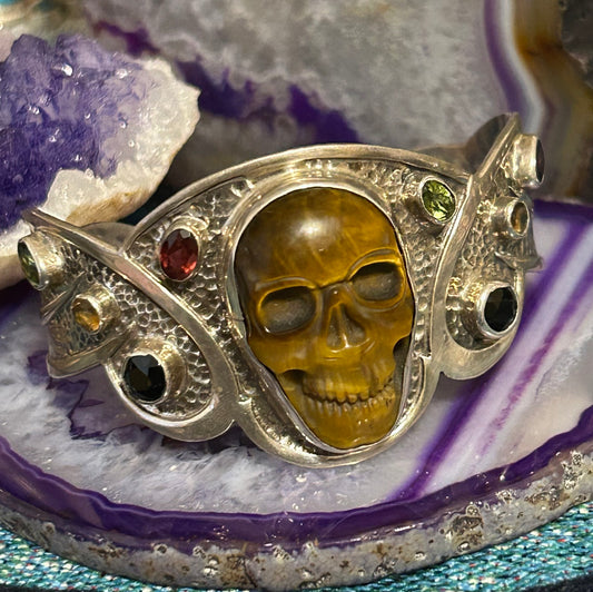 Sterling Silver, Tiger Eye, Multi-Stone Skull Cuff Bracelet