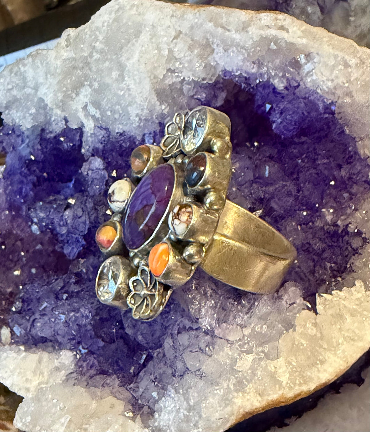 Sterling Silver Southwestern Purple Mojave, Cz, And Spiny Oyster Adjustable Ring
