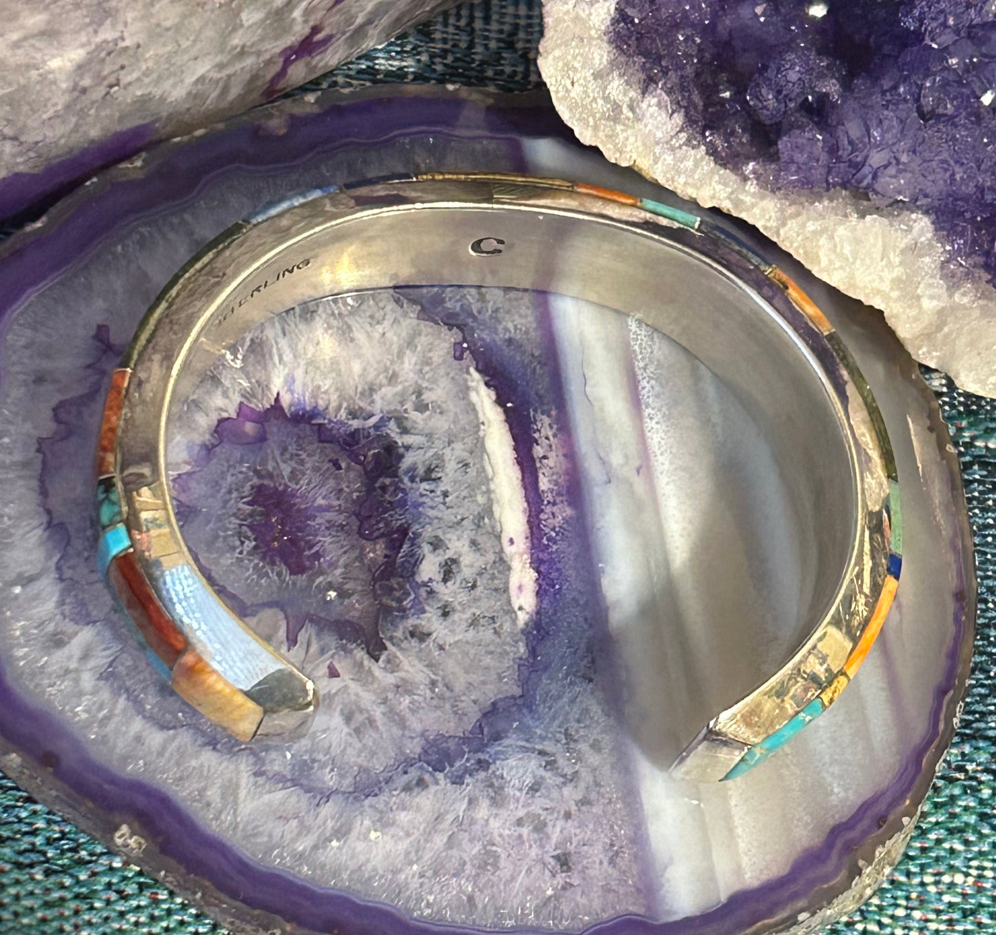 Native American Sterling Silver Multi Stone Inlay Cuff Bracelet Signed “C”