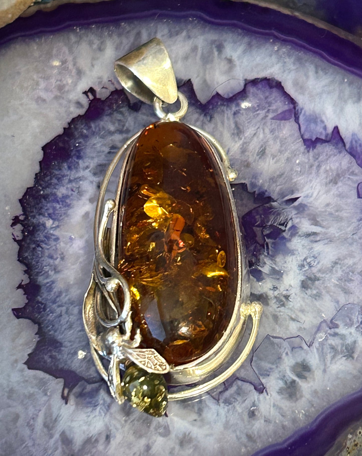 Sterling Silver And Natural Baltic Amber Pendant W/ Fly Insect