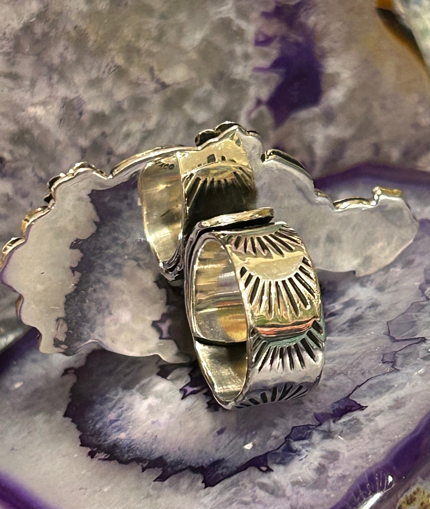 Sterling Silver Taxco Mexico Large Labradorite Flowers & Heart Statement Ring Adjustable