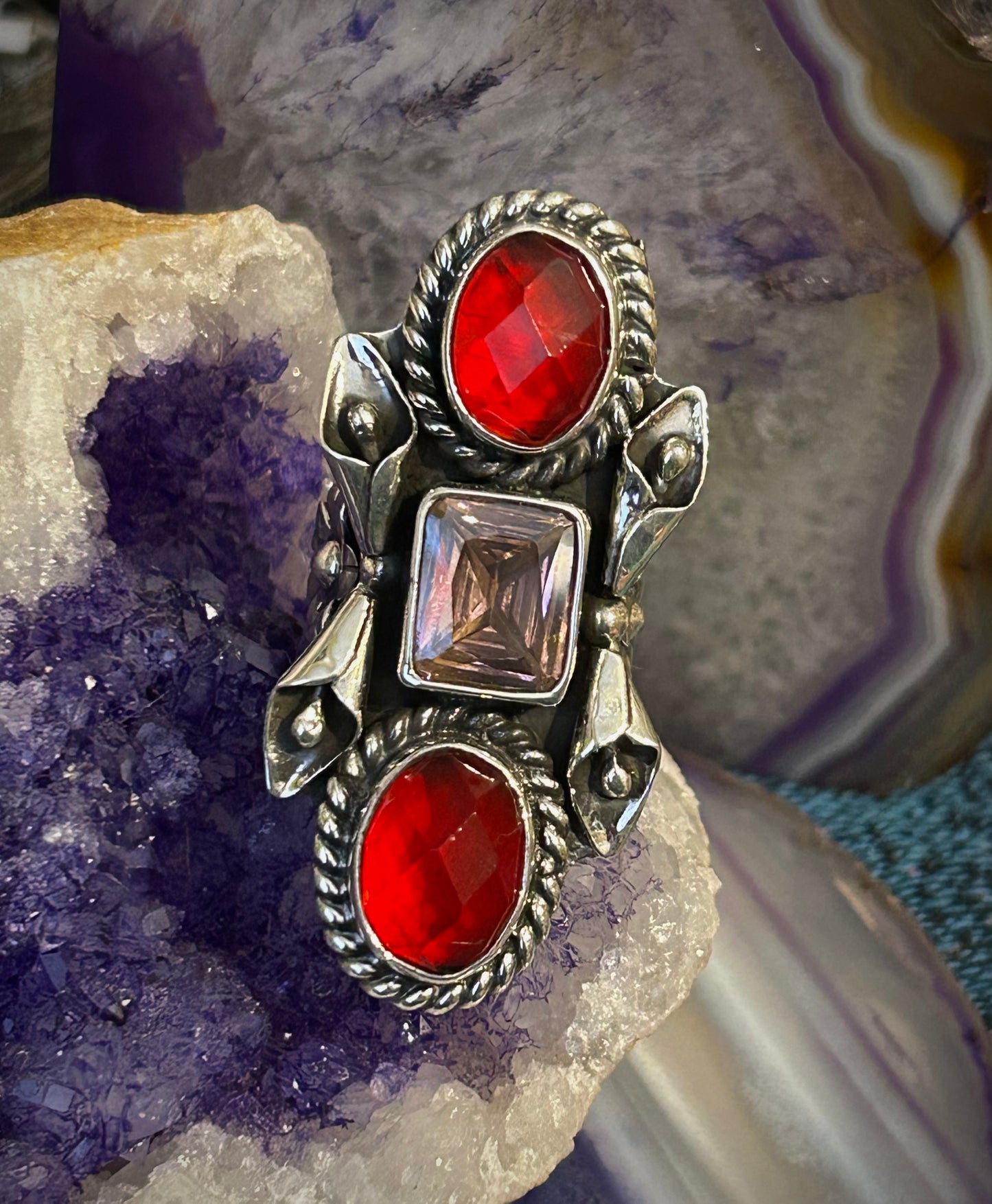 Sterling Silver Taxco Mexico Statement Ring w/ Pink & Red Natural Stones • Size 5-6