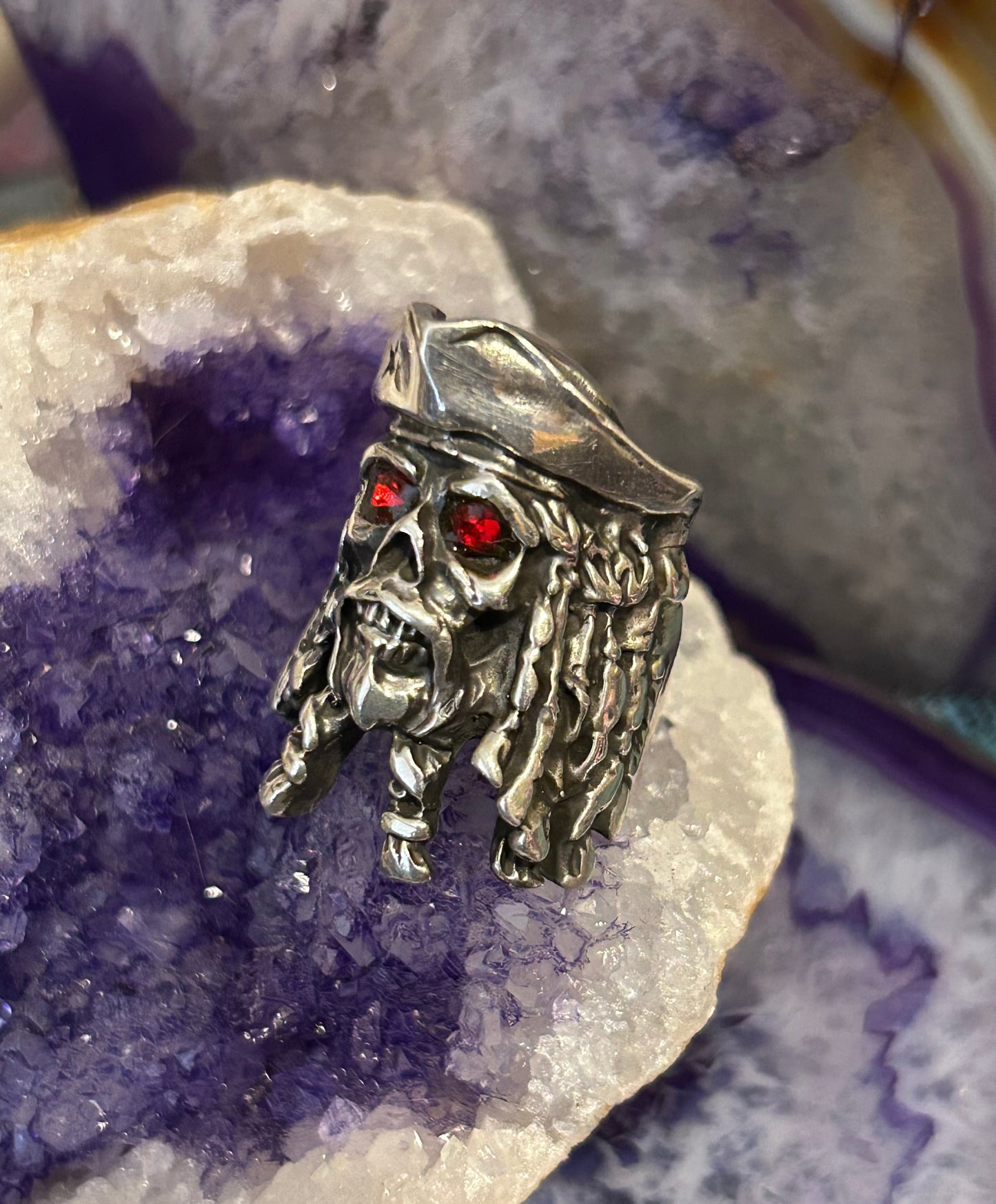 Sterling Silver Made In Taxco Skull Pirate Ring With Rubies • Size 7