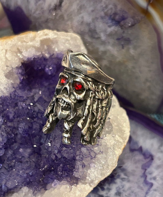 Sterling Silver Made In Taxco Skull Pirate Ring With Rubies • Size 7