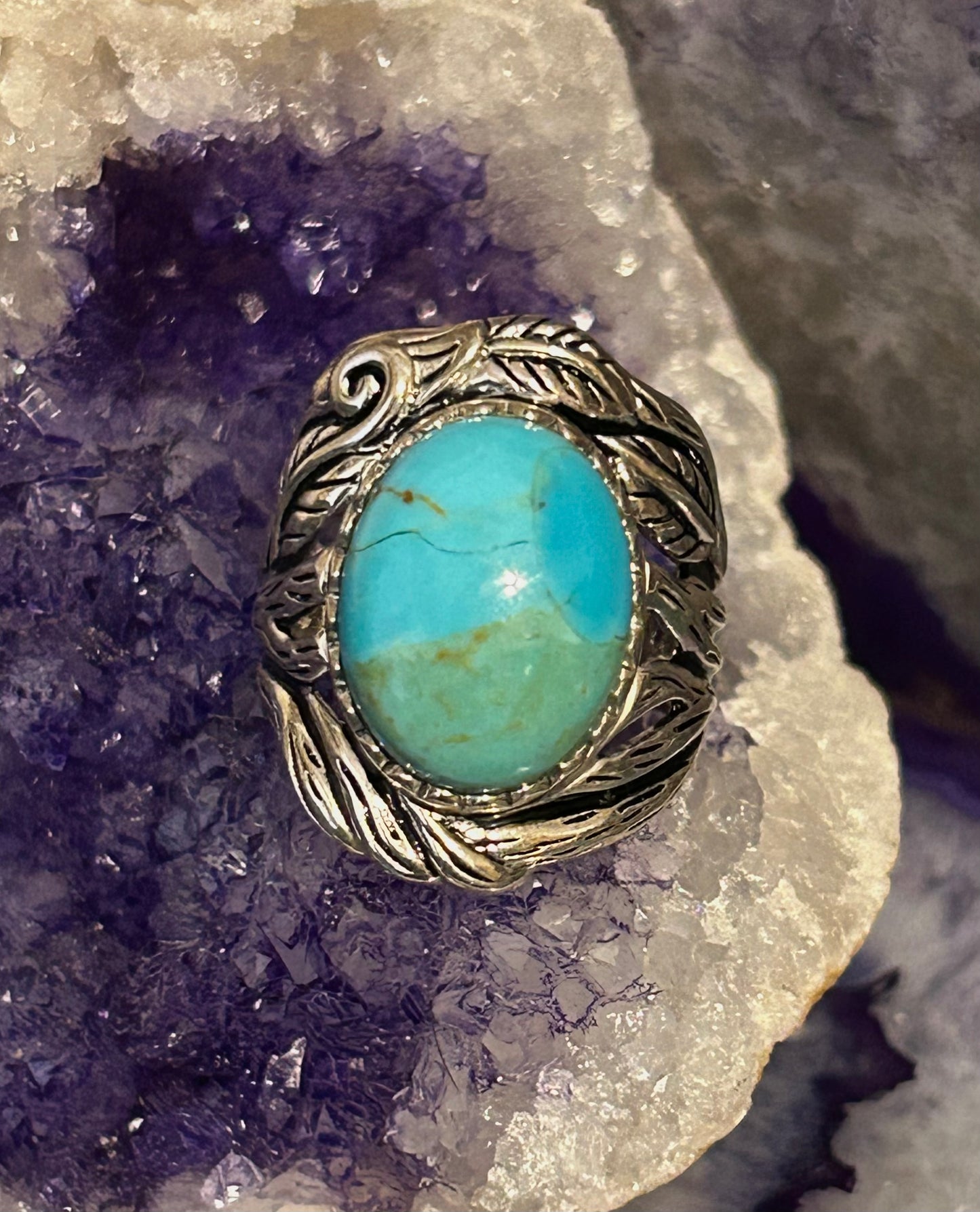 Sterling Silver Mojave Turquoise Wide Band W/ Leaves Ring Size 7
