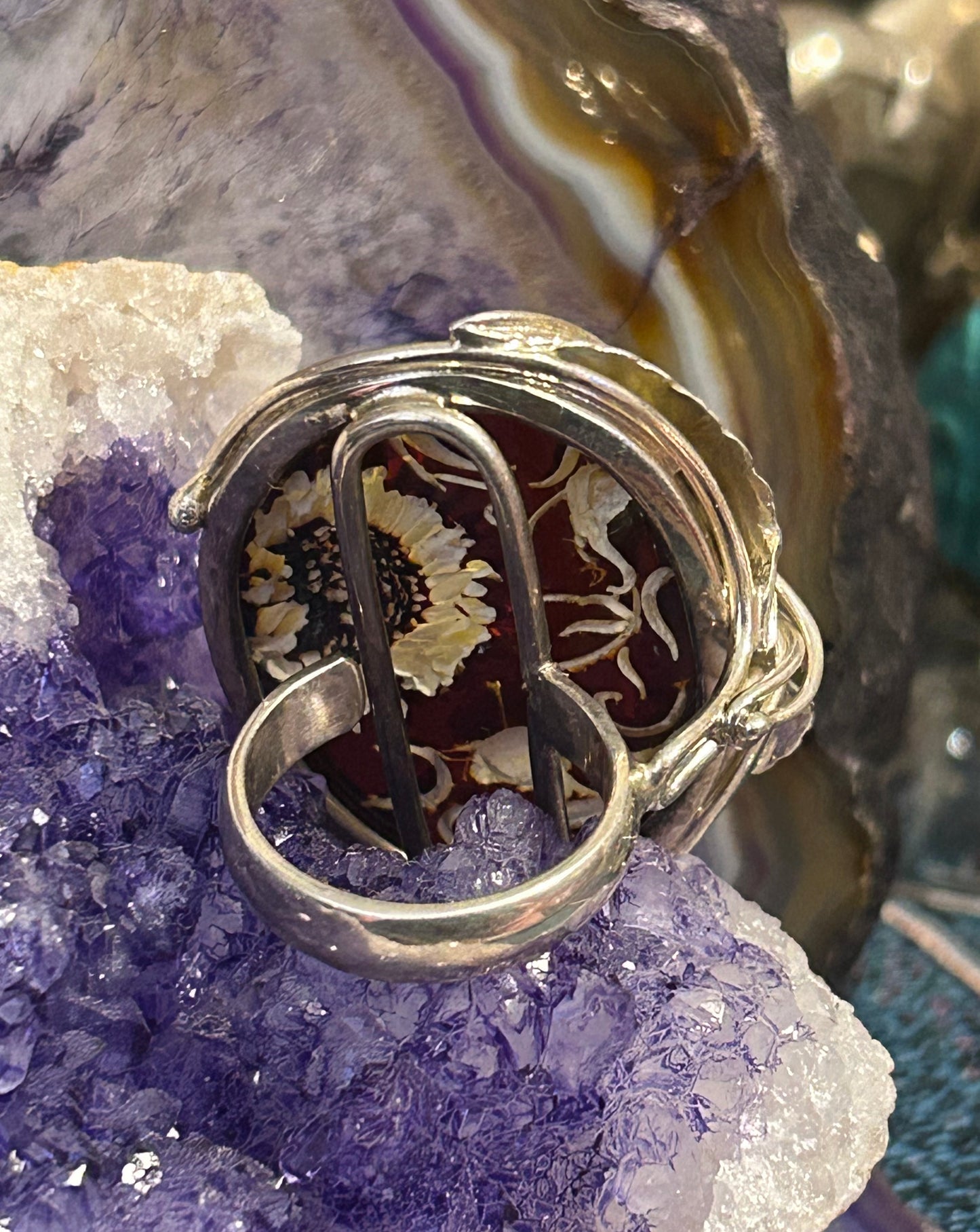 Sterling Silver Carved Floral Baltic Amber Statement Ring