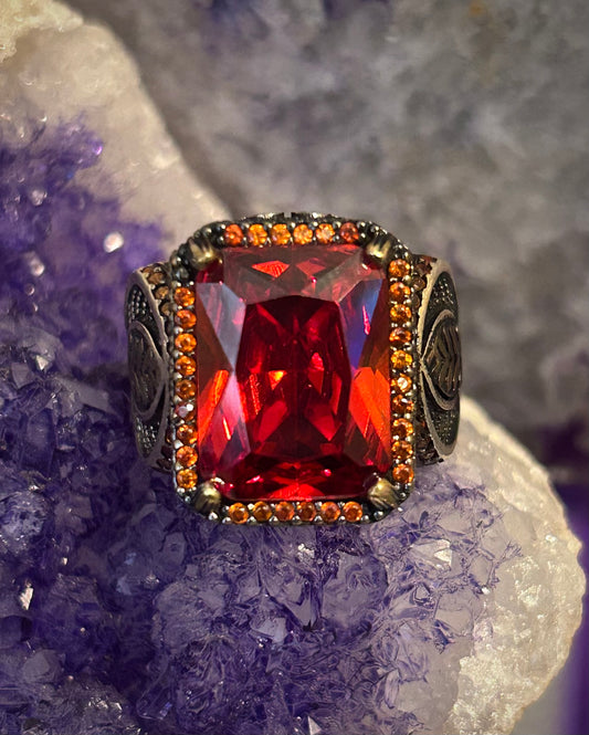 Sterling Silver Chunky Signet Style Vibrant Red Stone Turkish Ring Size 11.5