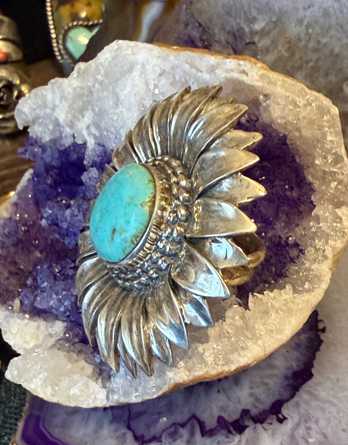 Designer SOM’S Sterling Silver Large Sunflower & Turquoise Statement Ring