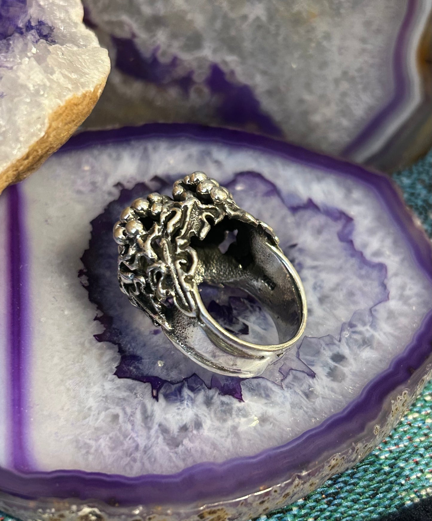 Sterling Silver Modern Taxco Mexico Grapes & Leaf Ring Size 8.25