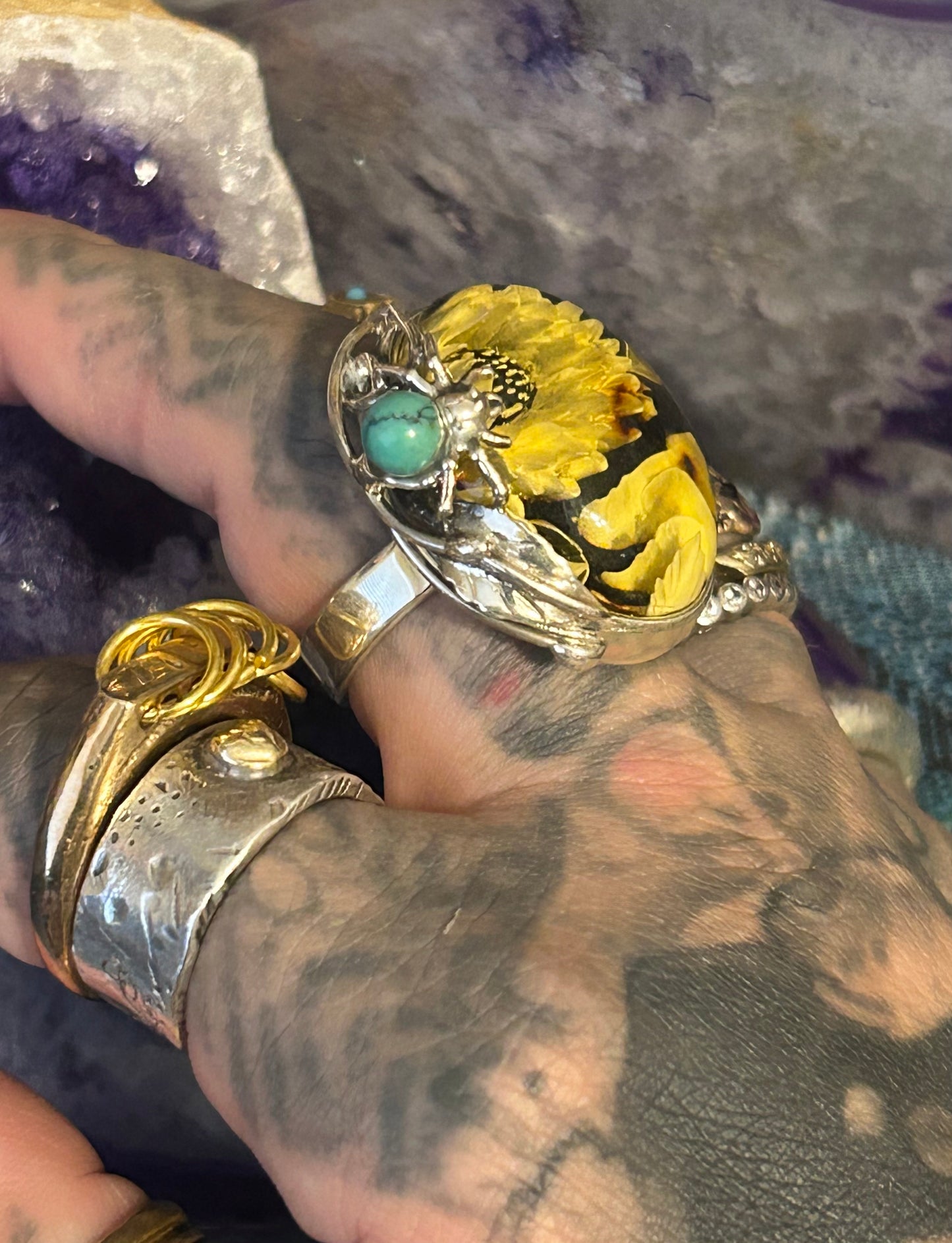 Sterling Silver Carved Flower Baltic Amber Ring w/ Turquoise Spider Adjustable