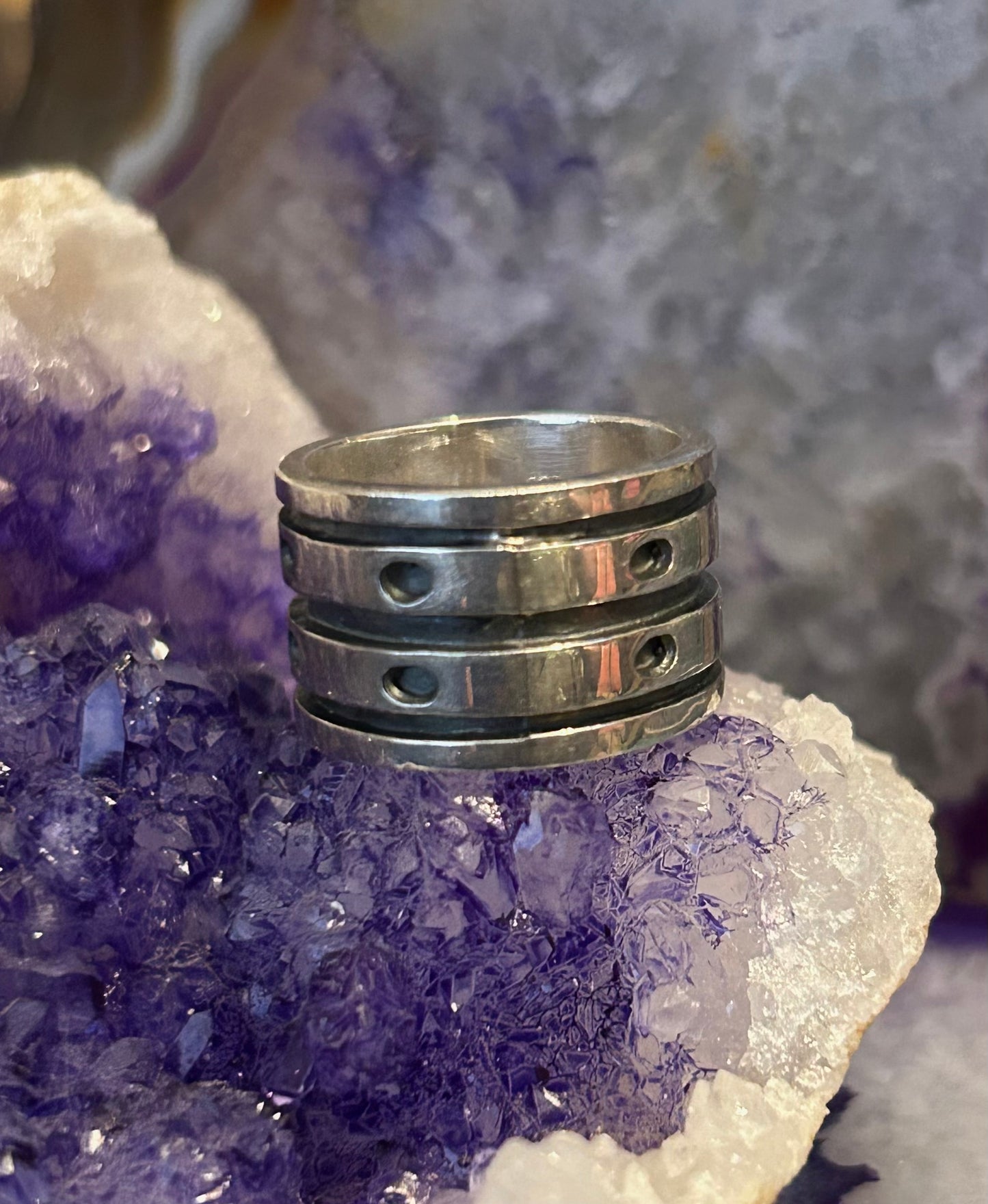 Sterling Silver Wide Band Ring With Abstract Modernist Design Size 5.25