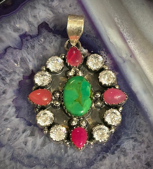 Sterling Silver Multi-Stone Pendant With Green Apple Turquoise, Ruby, & CZ