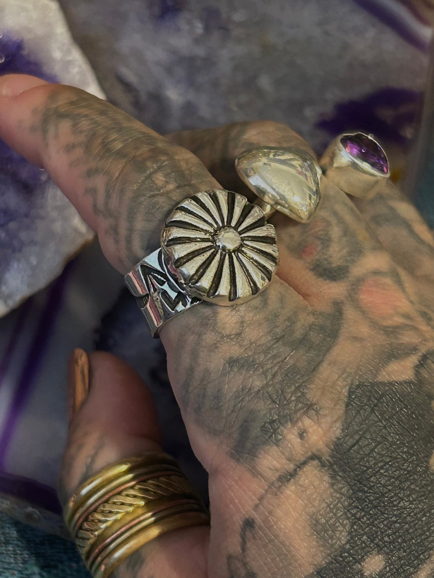 Sterling Silver Modern Taxco Mexico Flower Concho Adjustable Ring
