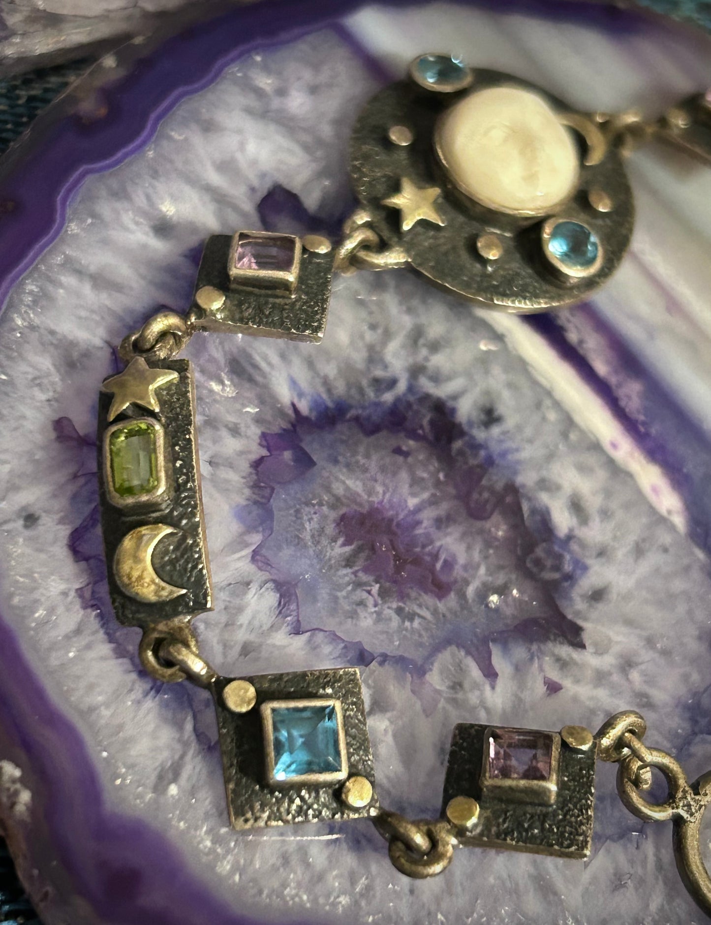 Vintage Sterling Silver 925 Goddess Moon Face Multi Gem Link Bracelet Sz 7.5