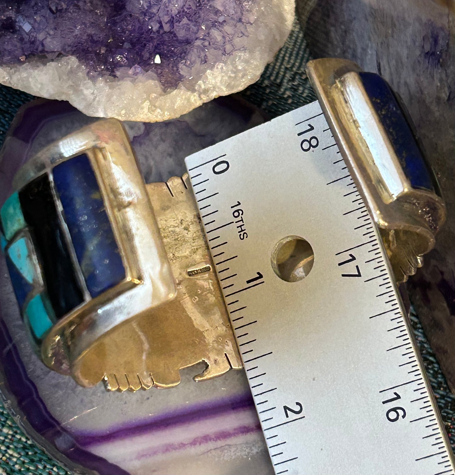 Sterling Silver Huge Multi-stone Inlay Statement Cuff Bracelet