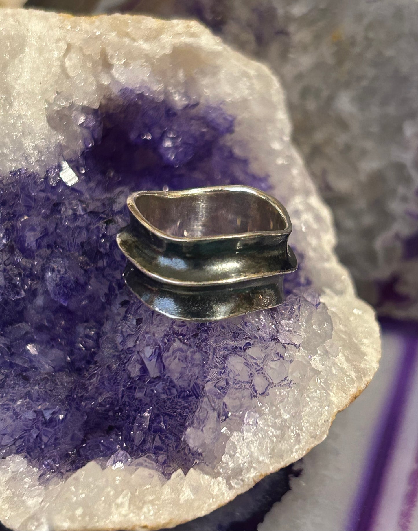 Sterling Silver Wavey Modernist Oxidized Wide Band Ring Size 7