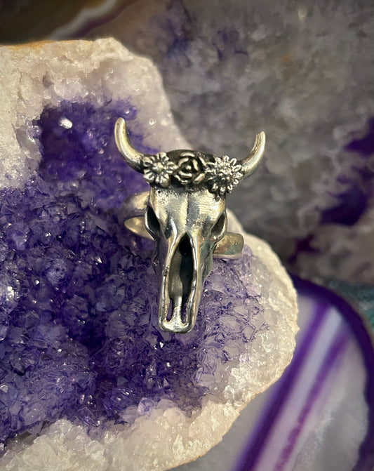 Sterling Silver Modern Taxco Bull/Cow Skull w/ Flower Crown Ring