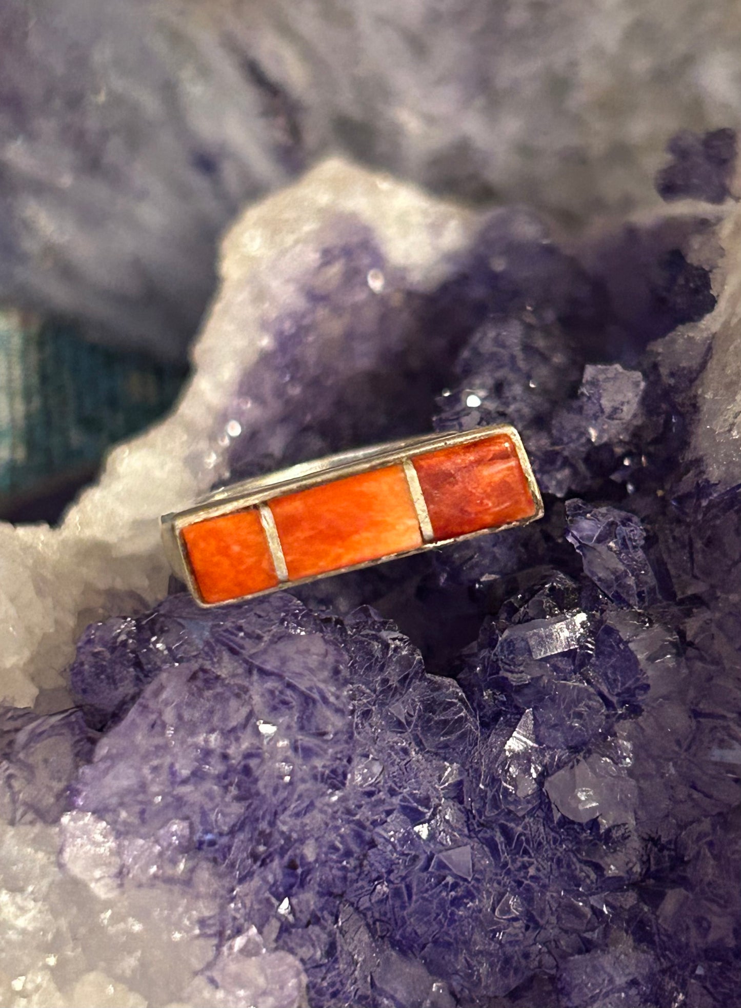 Sterling Silver Spiny Oyster Inlay Signet Shaped Native American Ring Size 4.25