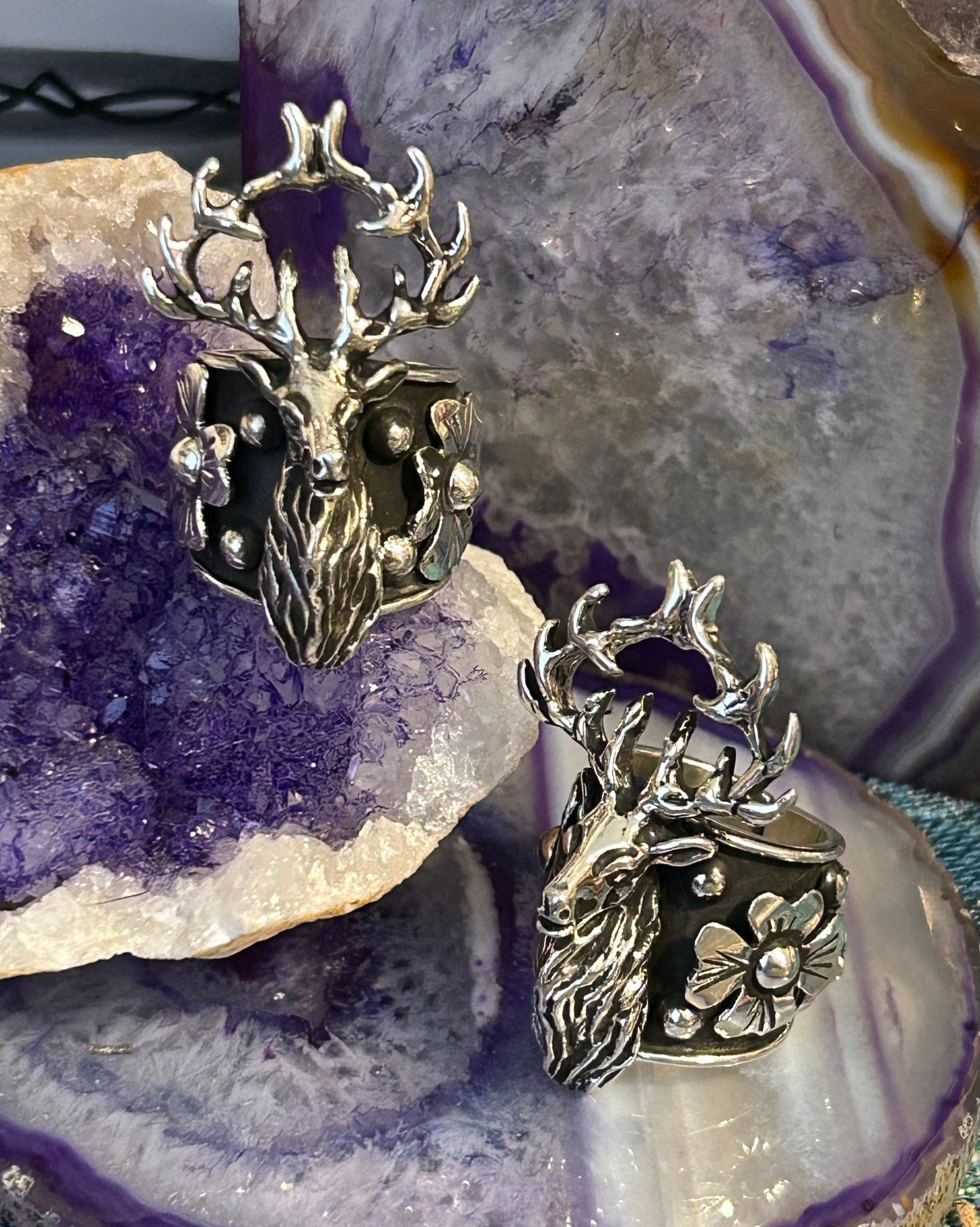 Sterling Silver Taxco Mexico Stag Deer & Flowers Statement Ring