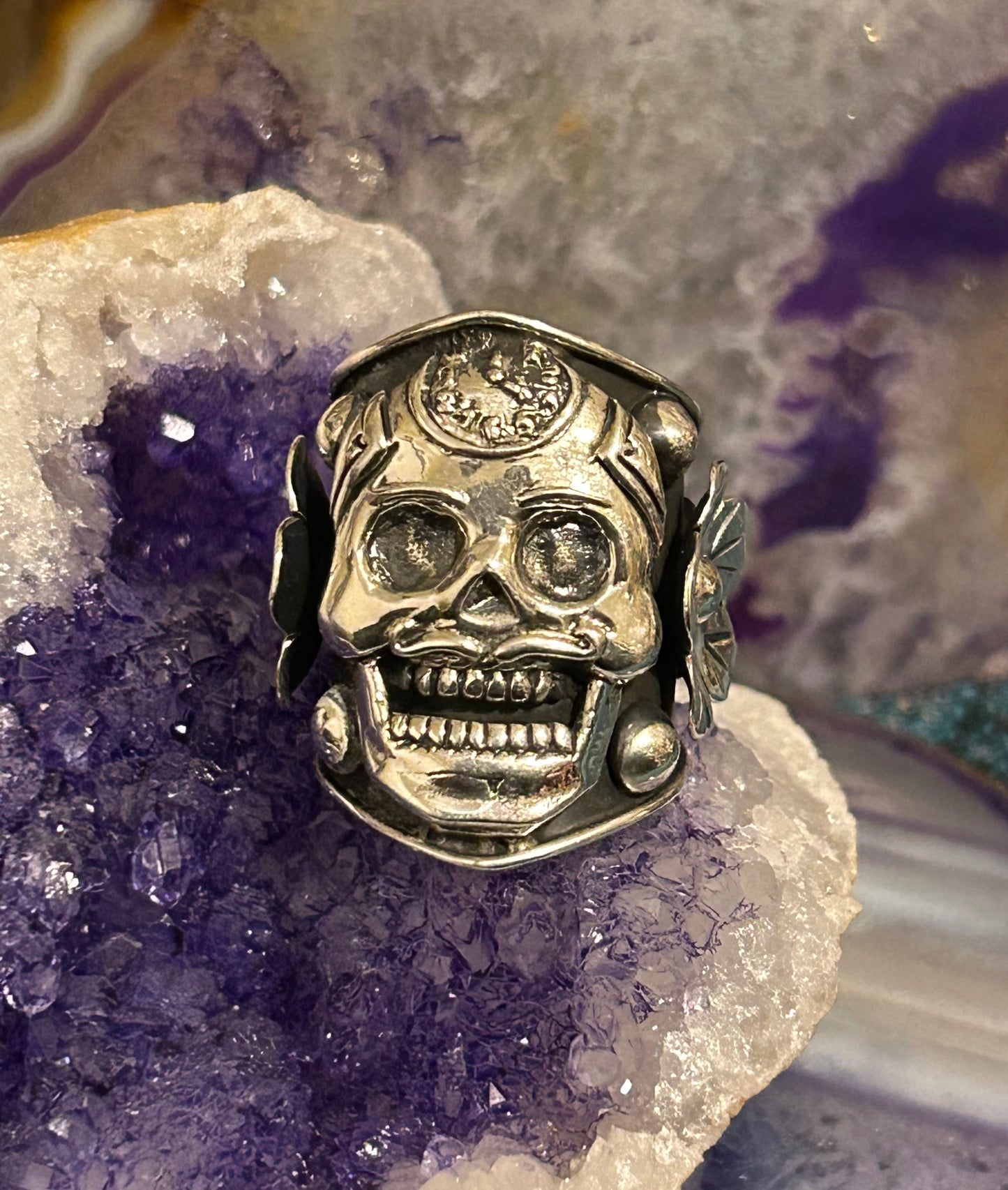 950 Silver Taxco Mexico Large Skull And Flowers Ring Sz 7-8.5