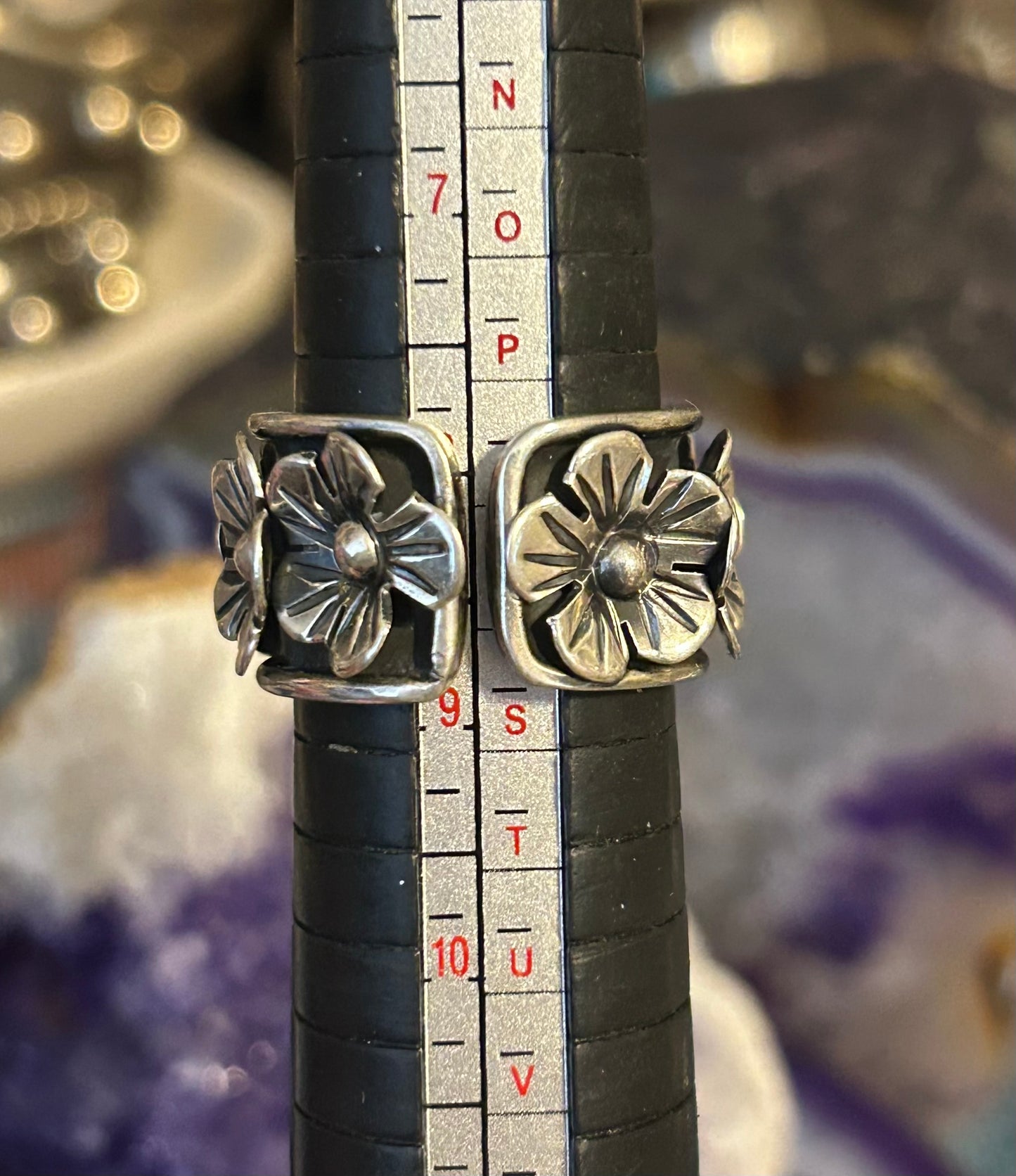 Sterling Silver Taxco Mexico Emerald Heart & Flowers Ring Size 8-9.5