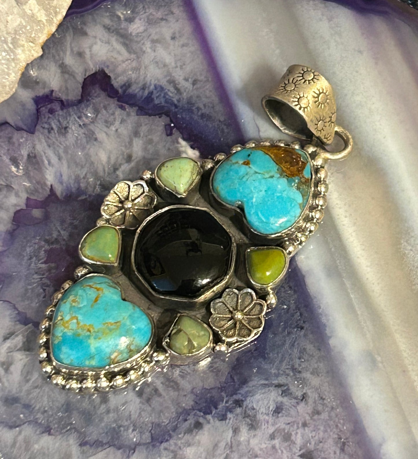 Sterling Silver, Turquoise & Onyx Heart & Hexagon Stone Pendant