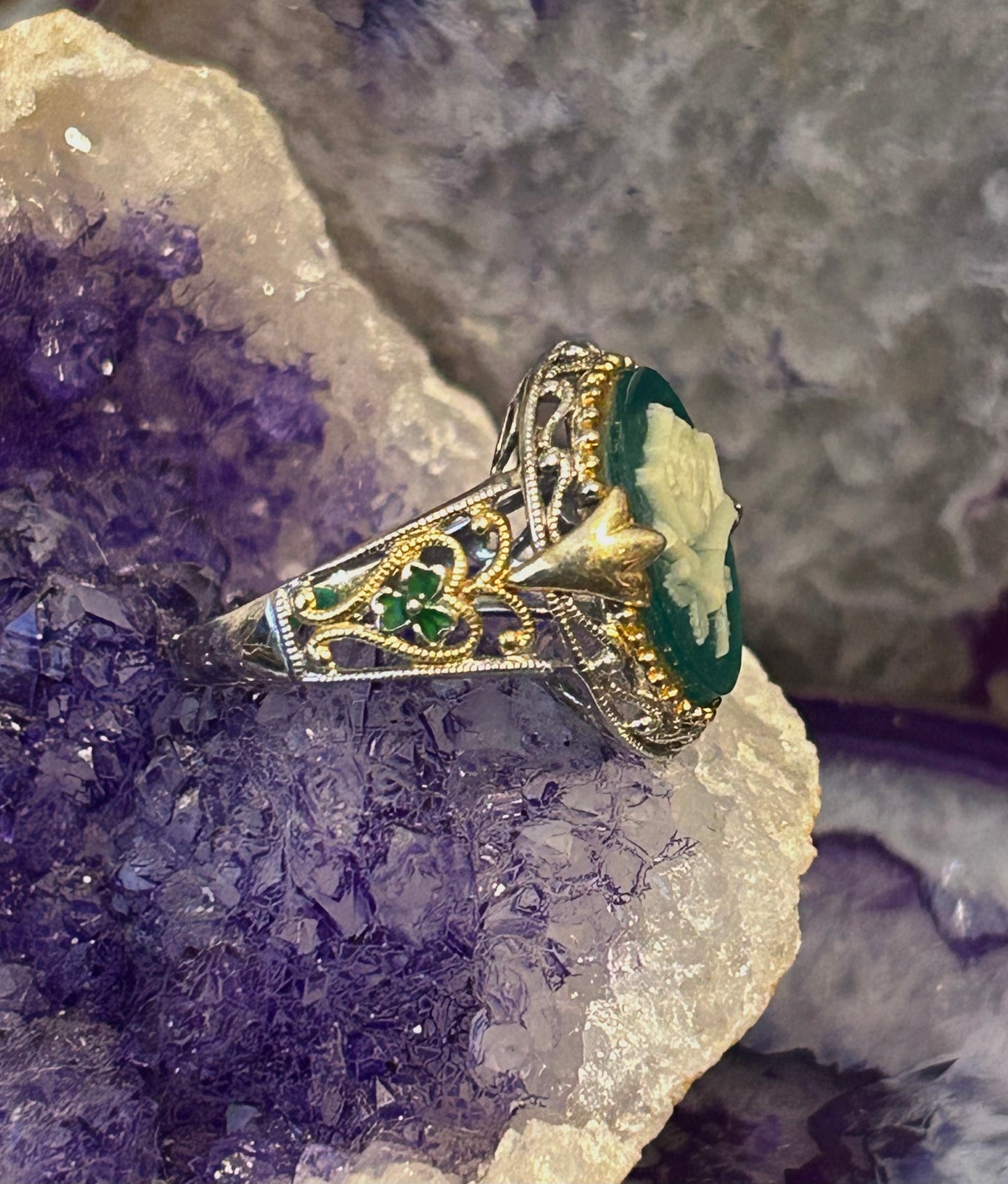 Vintage Sterling Silver Rose Cameo Green Onyx Ring Size 10