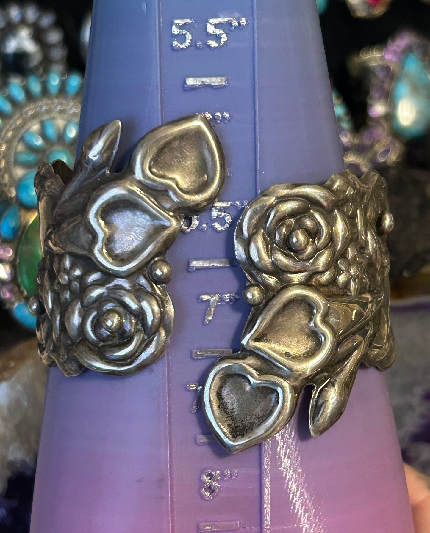 Vintage Taxco Mexico Sterling Silver bouquet of Hearts & Roses Repousse Clamper Bracelet
